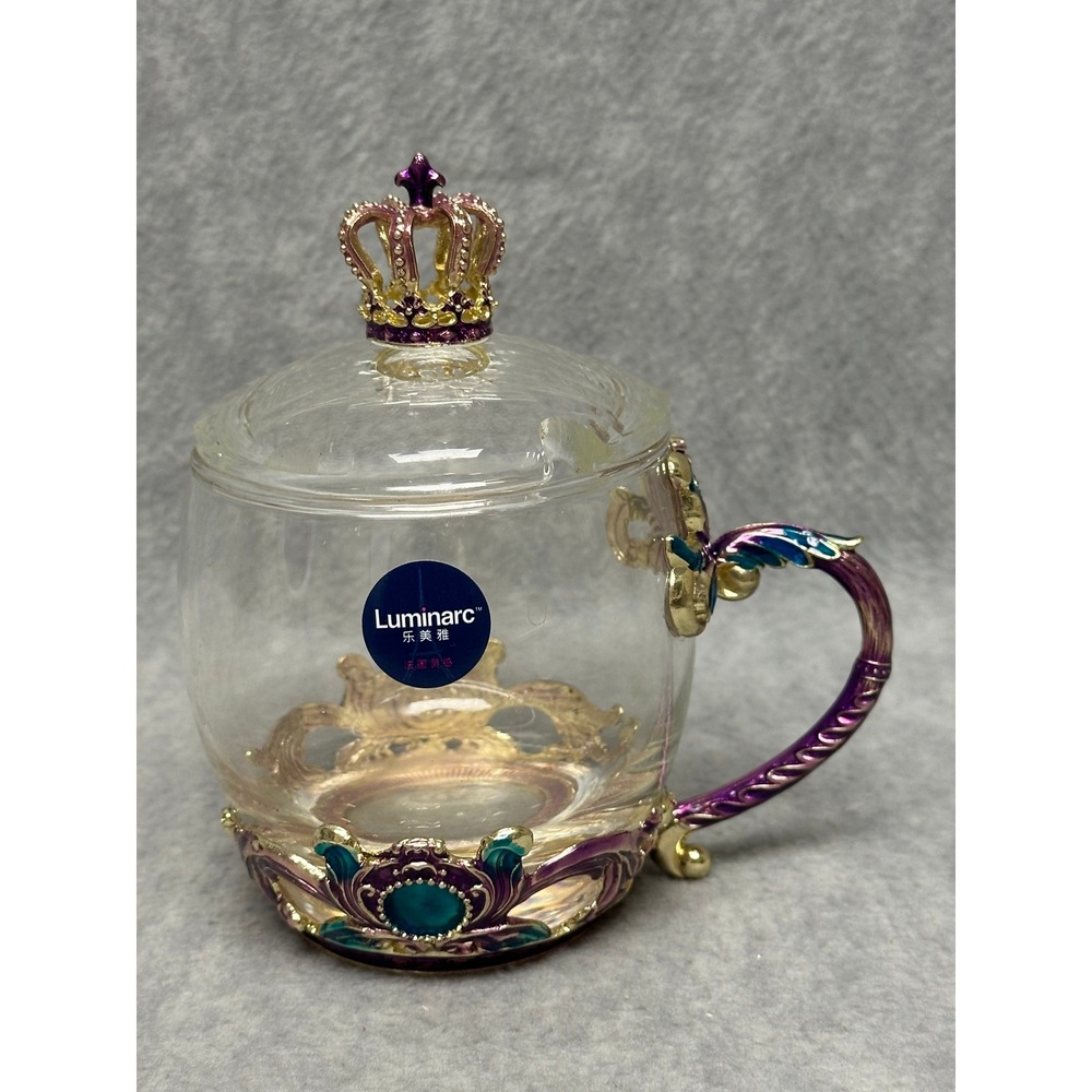 Luminarc Glass Tea Mug Cup Purple Gold Crown Lid Ornate Cup